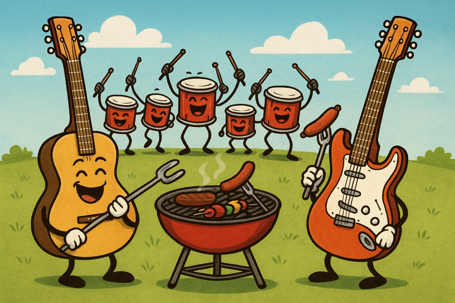 guitarras fazendo um churrasco com baterias dançarinas