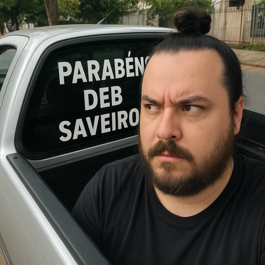 com bolo de aniversario escrito "parabens Deb Saveiro" em um carro saveiro na rua (close up)
