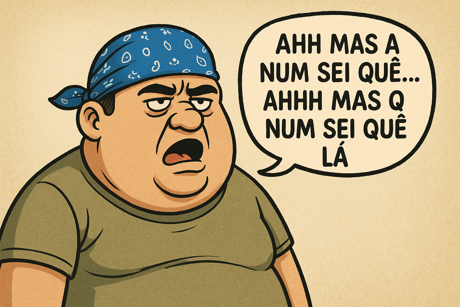 Gordão dU grande usando bandana azul com balão de diálogo escrito " ahh Mas a num sei quê... Ahhh mas Q num sei Quê Lá"