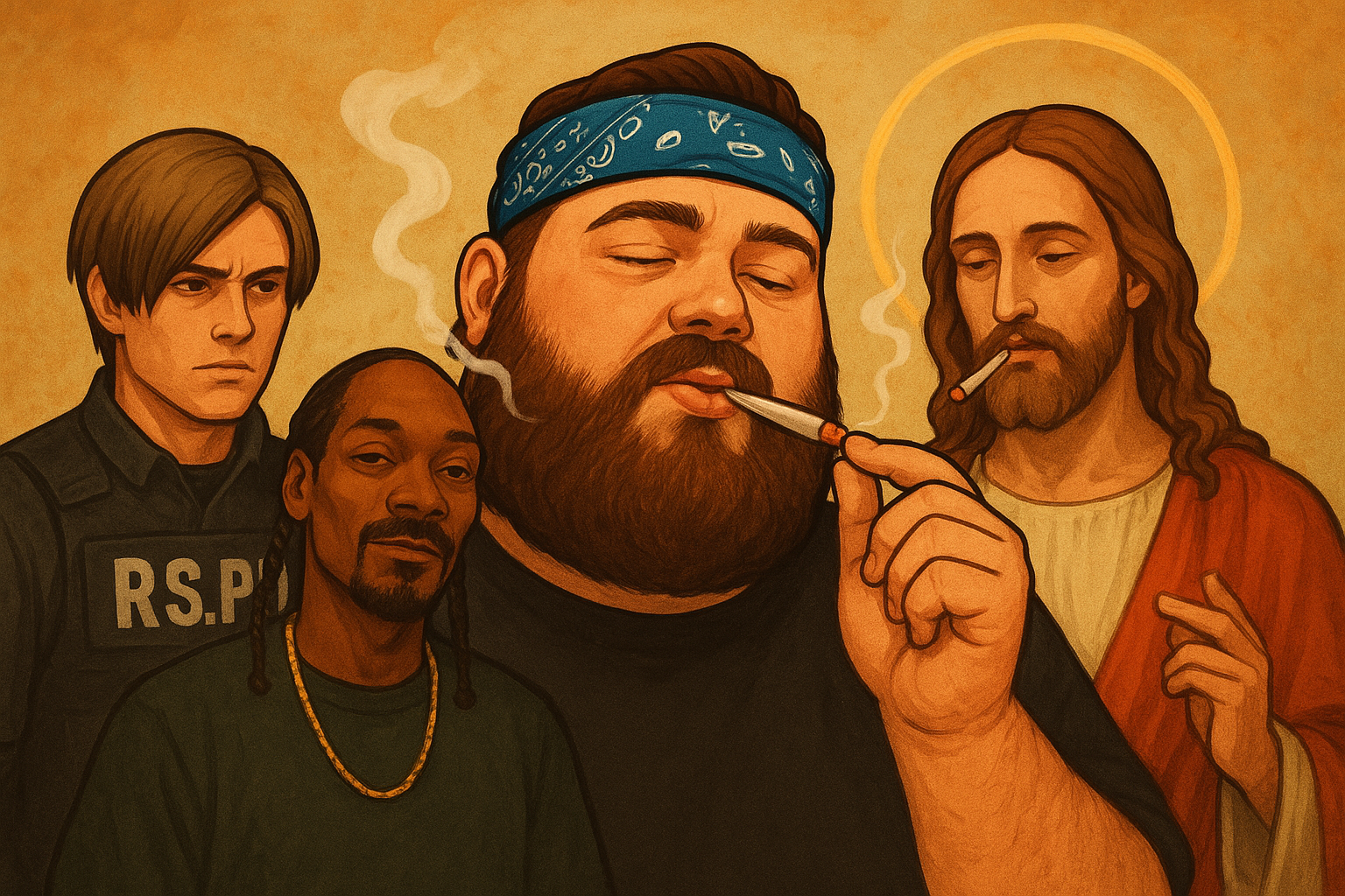 a Big Fat bearded Streamer with a BLUE bandana smoking some Weed with SnoopDogg, Jesus Christ and Leon From Resident EviL