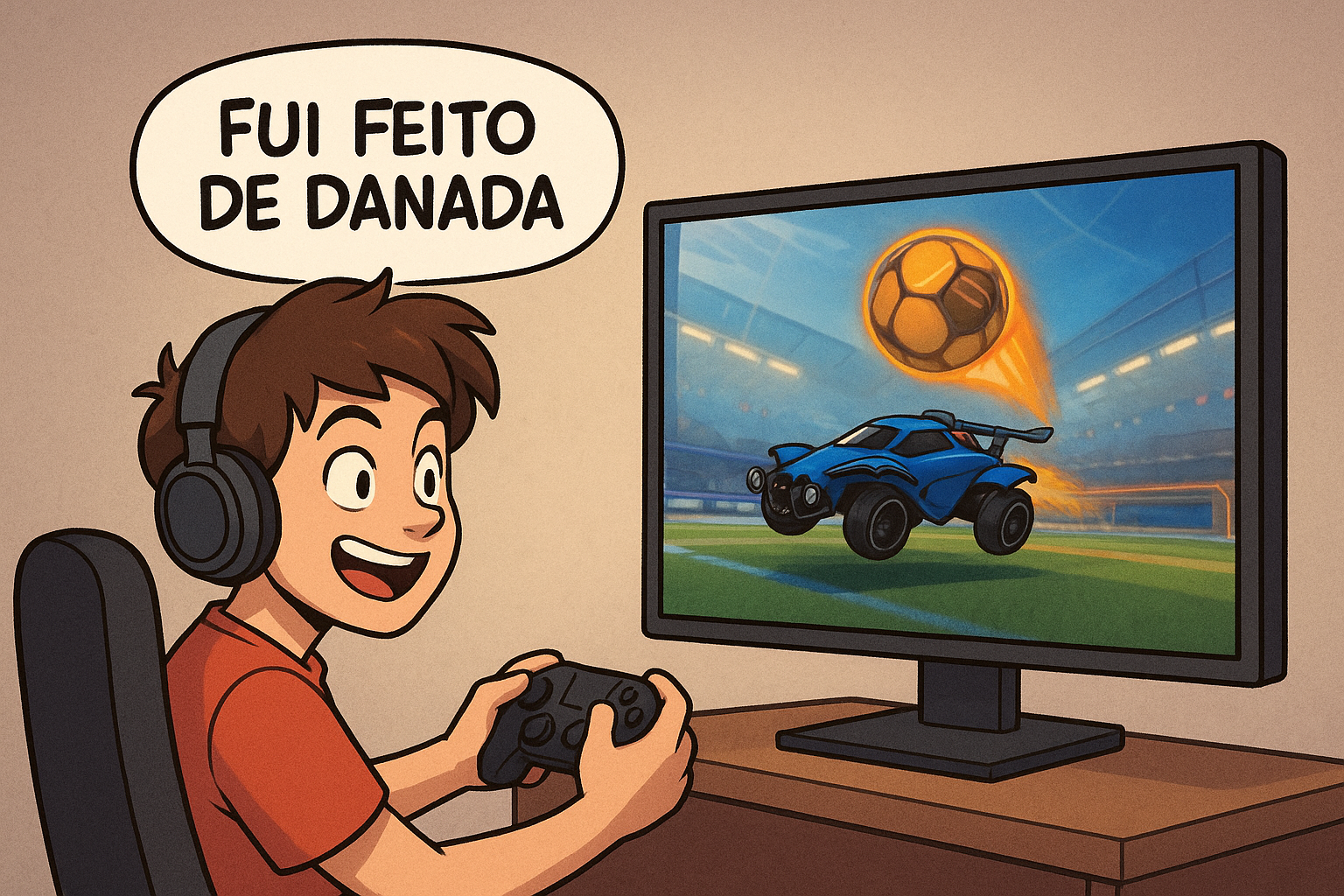 Rapaz Jogando Rocket League com balão de diálogo escrito "fui feito de Danada"