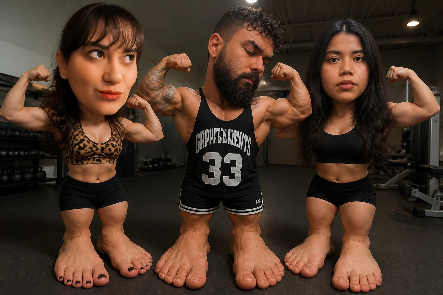 @playernubya cabeçuda @cumadi_denisa com os pés gigantes @doutor_mamaco sorrindo fazendo double biceps