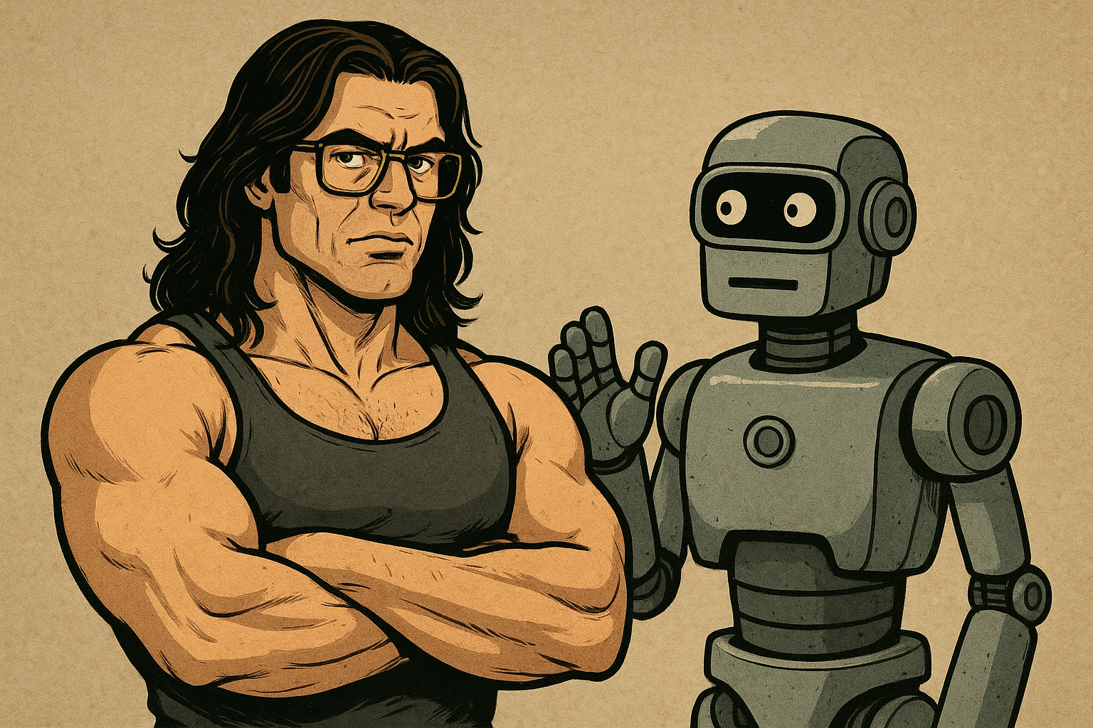 Bombado com cabelo nos ombros e óculos de Lerdão Dando MoraL pra Robô