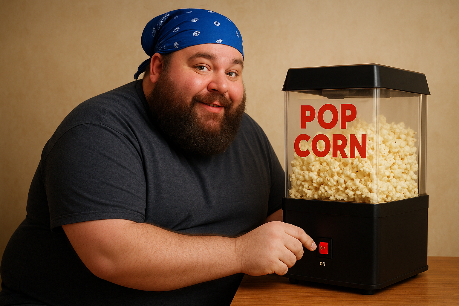 a Big Fat bearded Streamer with a BLUE bandana making some Popcorn in your "automatic popcorn Machine"