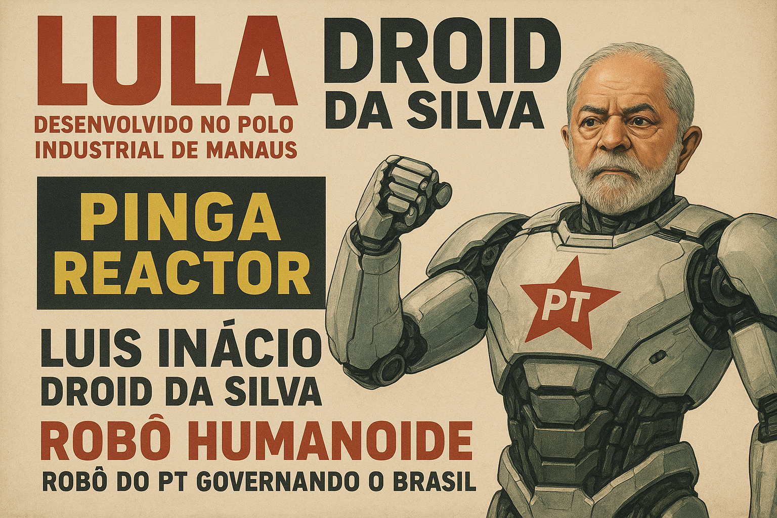 LULA DROID DA SILVA desenvolvido no polo industrial de MANAUS. PINGA REACTOR. LUIS INACIO DROID DA SILVA ROBÔ HUMANOIDE. ROBÔ DO PT GOVERNANDO O BRASIL. ELES QUEREM NOS ENGANAR LUIS INÁCIO ANDROID 2.0