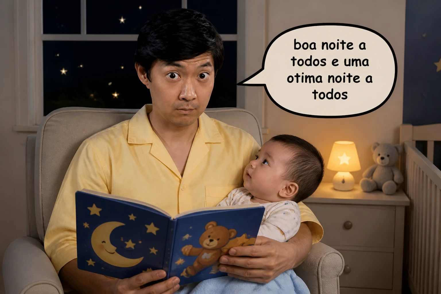 @ninefs segurando um bebê e dizendo "boa noite a todos e uma otima noite a todos"